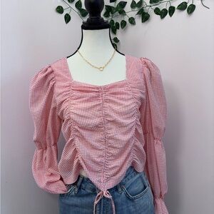 Gingham Red and White Long Sleeve with Ruching and Balloon sleeves Size L